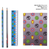 Tradineur - Set de papelería escolar de los Vengadores con estuche, libreta, 2 lápices, afila lápiz, goma de borrar, regla, marcador adhesivo y 2 pinzas. Licencia oficial Marvel