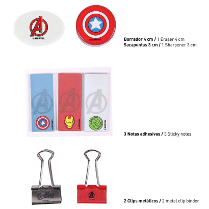 Tradineur - Set de papelería escolar de los Vengadores con estuche, libreta, 2 lápices, afila lápiz, goma de borrar, regla, marcador adhesivo y 2 pinzas. Licencia oficial Marvel