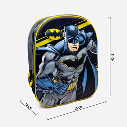 Tradineur - Mochila para niños en 3D con diseño de Batman, ideal para la escuela. Medidas de 25 x 31 x 10 cm para colgar en la espalda. Bolsa Caballero Oscuro, Licencia Warner Bros