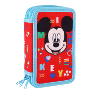 Tradineur- Plumier de Mickey Mouse, ideal para la escuela, de color azul y rojo, con 44 piezas entre boligrafos, rotuladores, lapices, regla.... Estuche Mickey Licencia Oficial Disney