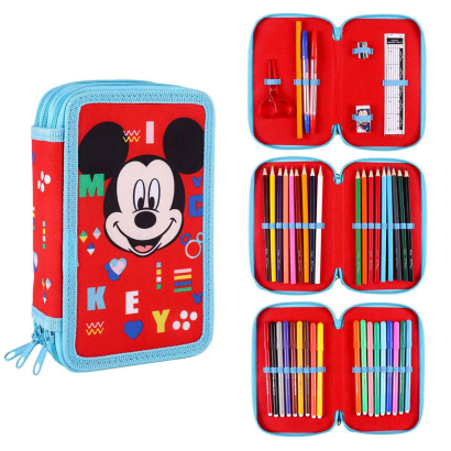 Tradineur- Plumier de Mickey Mouse, ideal para la escuela, de color azul y rojo, con 44 piezas entre boligrafos, rotuladores, lapices, regla.... Estuche Mickey Licencia Oficial Disney