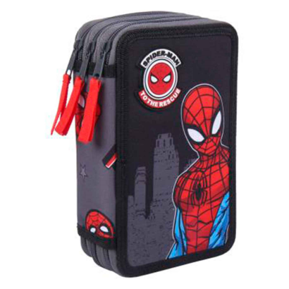 Tradineur- Plumier de Spiderman, ideal para la escuela, de color negro, con 44 piezas entre boligrafos, rotuladores, lapices, regla.... Estuche Spider-man Licencia Oficial Marvel