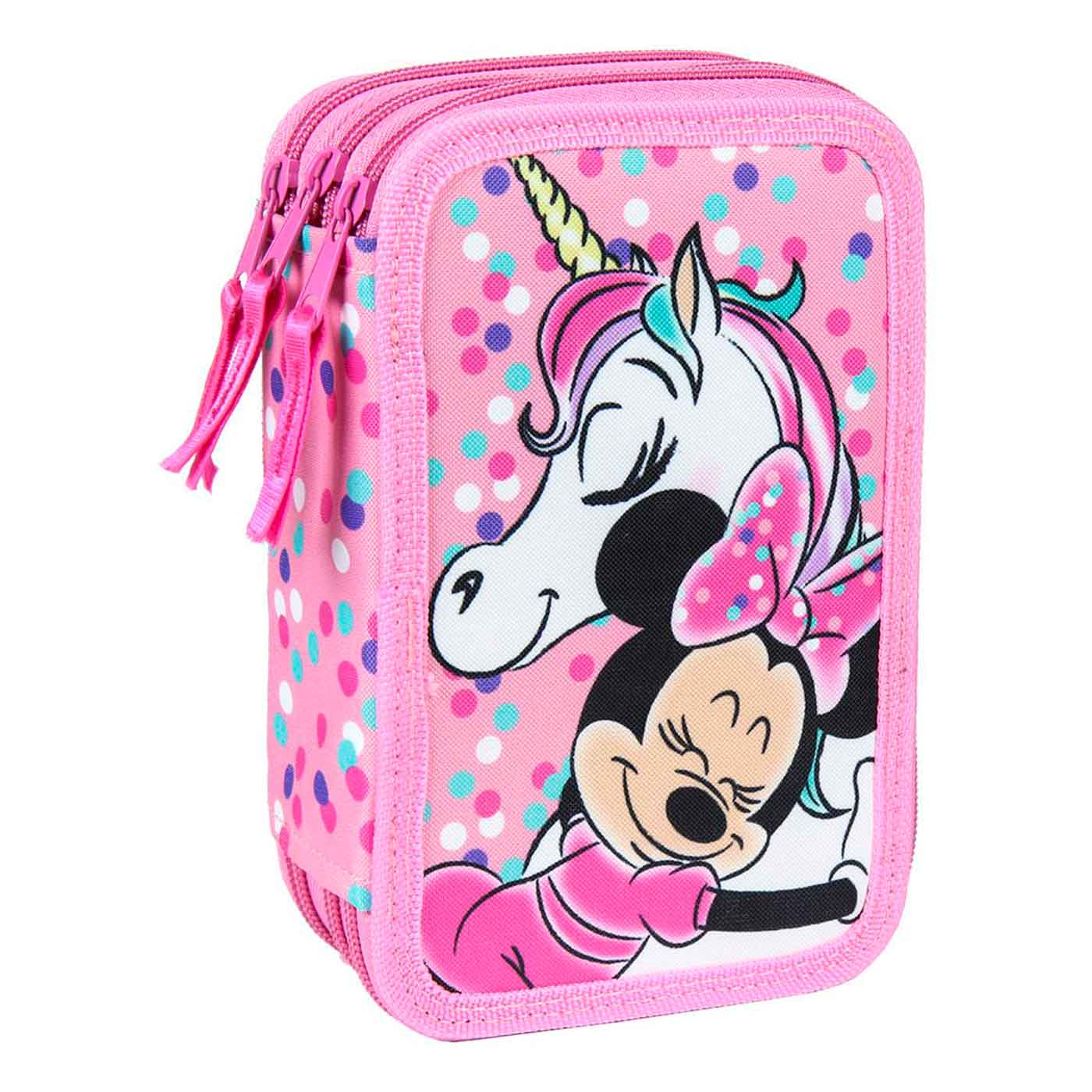 Tradineur- Plumier rosa de Minnie Mouse, ideal para la escuela, con 42 piezas entre boligrafos, rotuladores, lapices, regla.... Estuche Minnie Licencia Oficial Disney