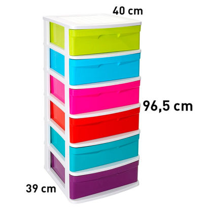 Tradineur - Cajonera de almacenaje modelo Sena, 6 cajones multicolor, plástico, torre de ordenación multiusos, hogar (Blanco, 96,5 x 40 x 39 cm)