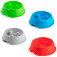 Tradineur - Comedero anti glotón de plástico para mascotas, cuenco para perros, tazón, plato para comer lentamente, digestión fácil, 24 x 7 cm, color aleatorio