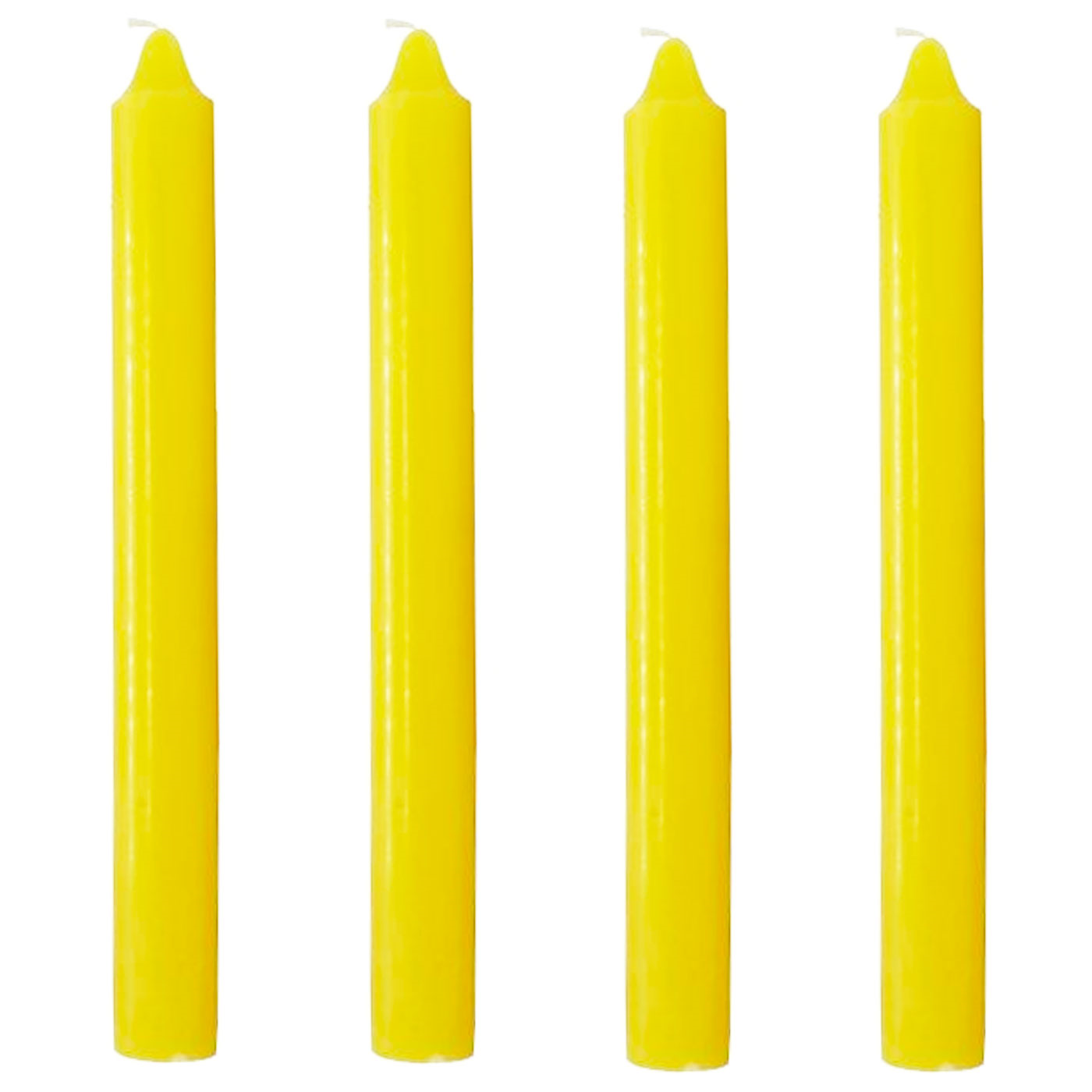 Tradineur - Pack de 4 velas cilíndricas, velas de mesa alargadas, parafina y mecha de algodón, sin perfume, rituales y ceremonias (Amarillo, 17 cm)