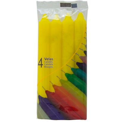 Tradineur - Pack de 4 velas cilíndricas, velas de mesa alargadas, parafina y mecha de algodón, sin perfume, rituales y ceremonias (Amarillo, 17 cm)