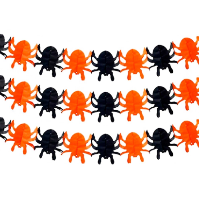 Tradineur - Guirnalda de arañas de Halloween - Diseño clásico - Decoración y accesorio para Halloween - Color naranja y negro - Longitud de 3 M