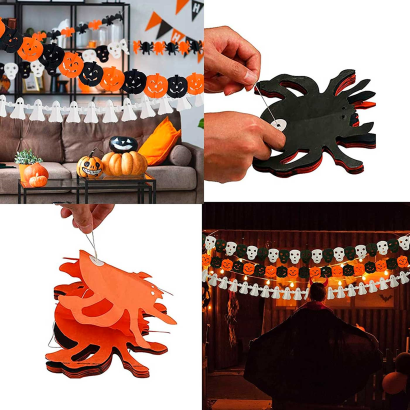 Tradineur - Guirnalda de arañas de Halloween - Diseño clásico - Decoración y accesorio para Halloween - Color naranja y negro - Longitud de 3 M