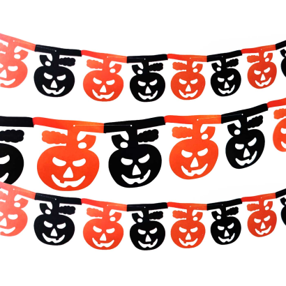 Tradineur - Guirnalda de calabaza sonriente de Halloween - Diseño clásico - Decoración y accesorio para Halloween - Color naranja - Longitud de 3 M