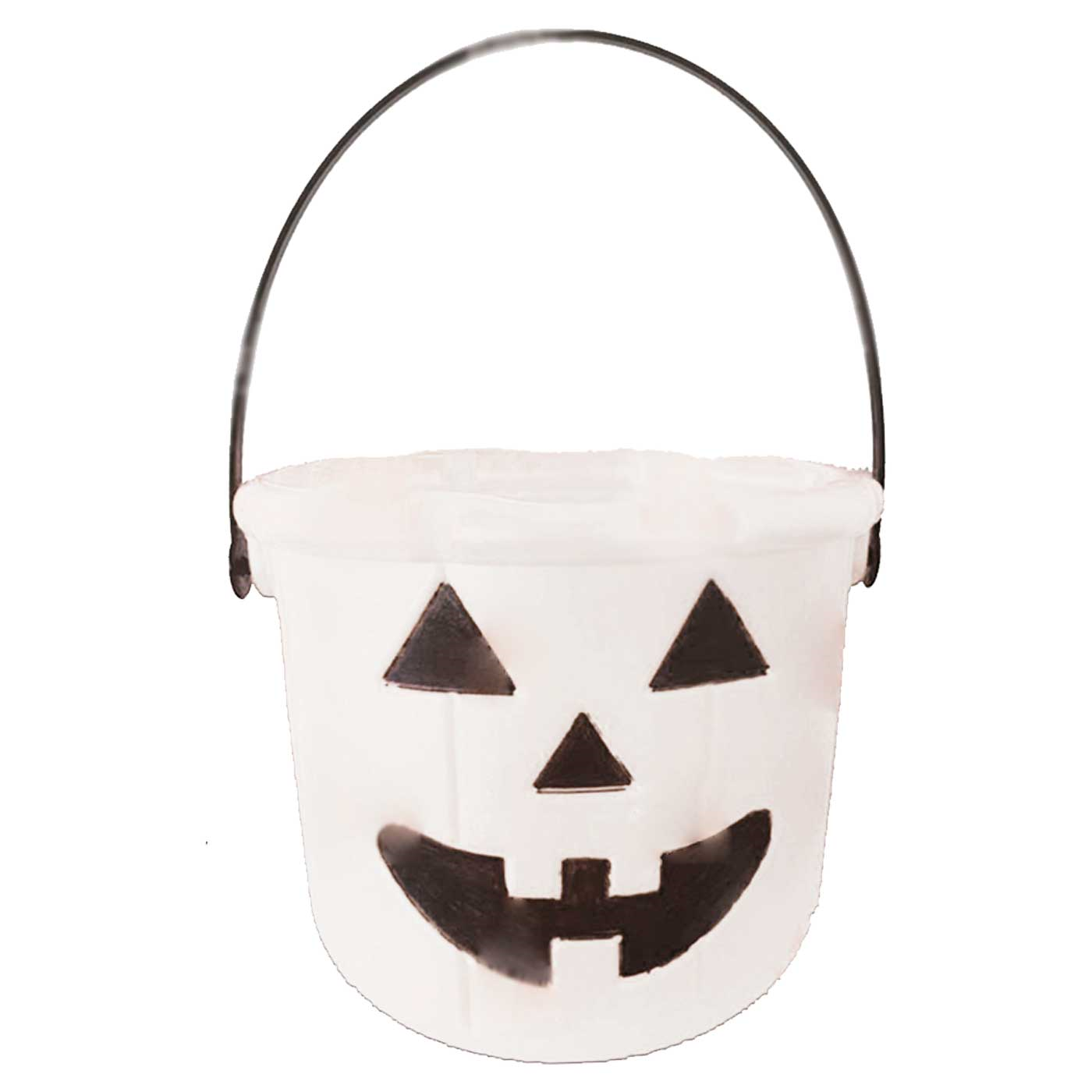 Tradineur - Cubo con asa para halloween - Fabricado en plástico - Diseño de calabaza - Halloween, cubo, recipiente para dulces, truco o trato (Blanco, 15 x 17,5 cm)