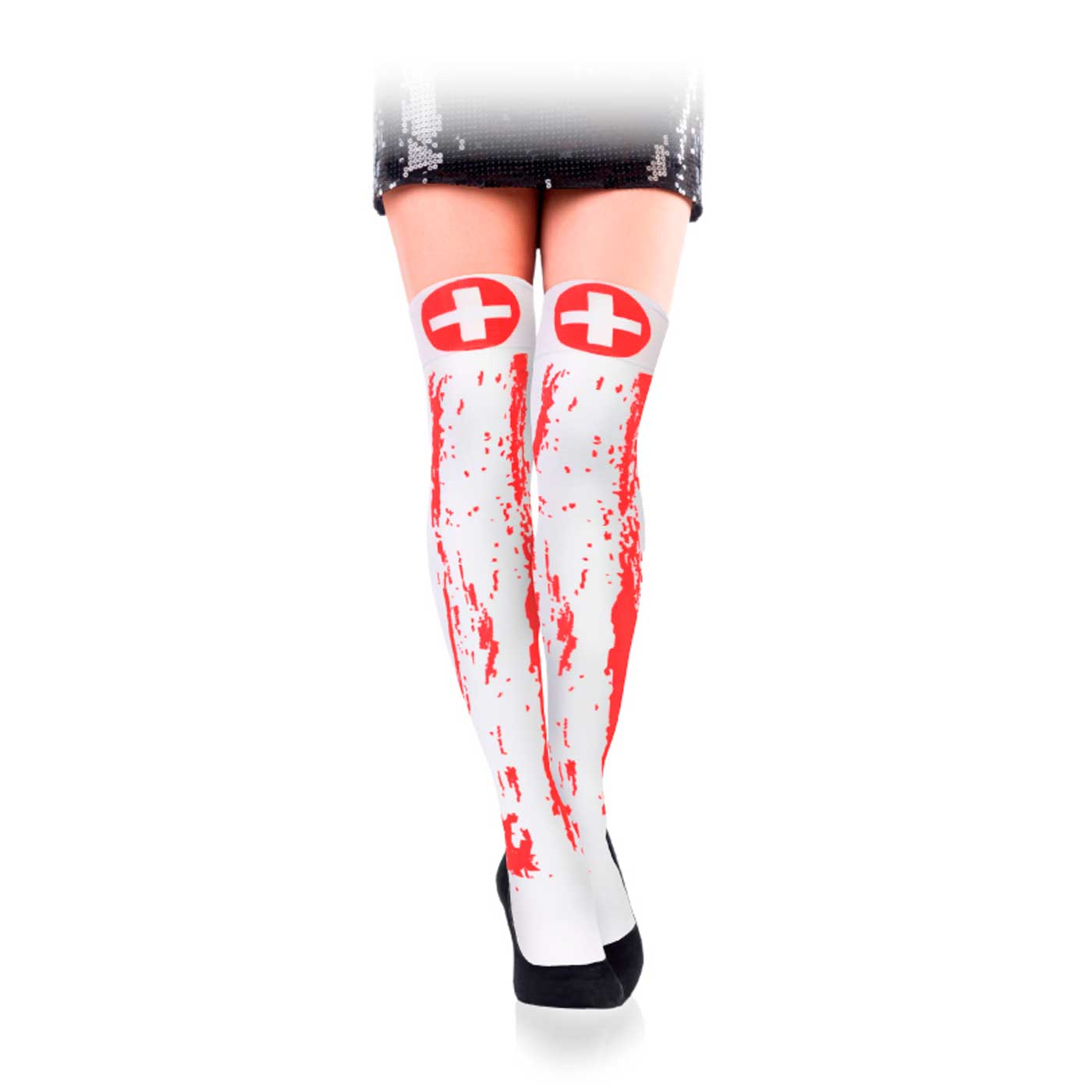 Tradineur - Medias de enfermera con sangre - accesorios de disfraces para carnaval, halloween, cosplay, fiesta, talla única, adulto - Color blanco y rojo - 165/180 CM