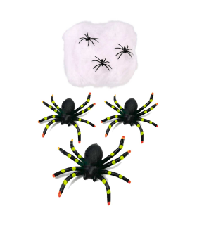 Tradineur - Pack de telaraña decorativa y 3 arañas de plástico - Fabricado en poliéster - Adorno para decoración - Color blanco y negro