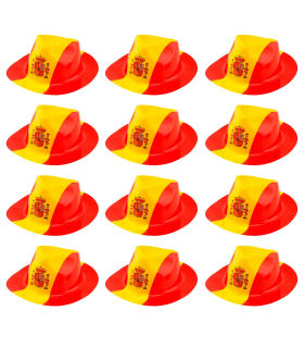 Tradineur - Pack de 12 sombreros vaqueros con diseño de bandera de España - Fabricación 100% plático - para jóvenes y adultos - 12 x 25 x 29,5 cm