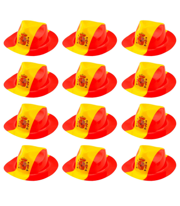 Tradineur - Pack de 12 sombreros vaqueros con diseño de bandera de España - Fabricación 100% plático - para jóvenes y adultos - 12 x 25 x 29,5 cm