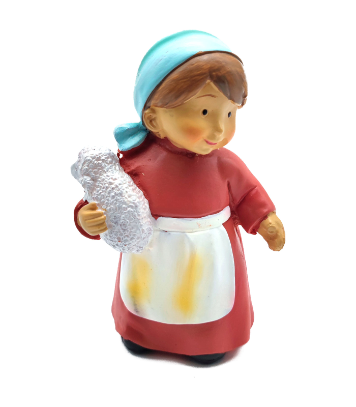 Tradineur - Figura de pastora de color rojo con cordero para belén - Fabricado en marmolina - figura decorativa divertida para nacimiento, navidad, decoración tradicional - 9,7 x 5 x 4 cm