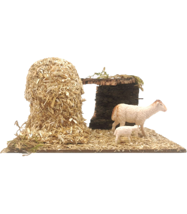 Tradineur - Corral para belén navideño 8,5 x 15,5 x 9 cm, resina y corcho, animales de granja para nacimiento, figuras decorativas pesebre, navidad, decoración tradicional, modelo aleatorio