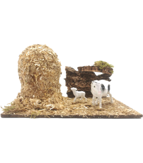 Tradineur - Corral para belén navideño 8,5 x 15,5 x 9 cm, resina y corcho, animales de granja para nacimiento, figuras decorativas pesebre, navidad, decoración tradicional, modelo aleatorio