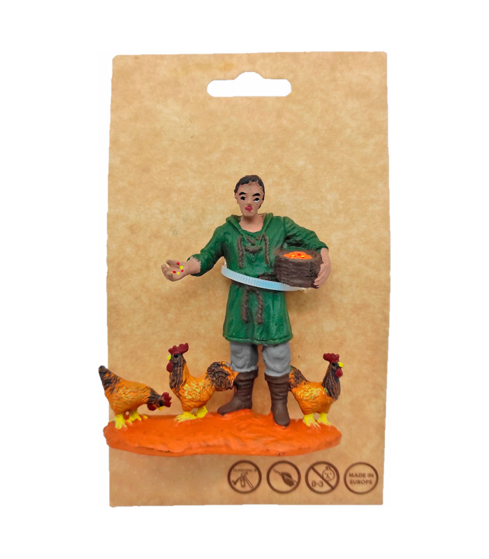 Tradineur - Figura de granjero con gallinas para belén navideño 8,5 x 8 cm, durexina, figura decorativa nacimiento, pesebre, navidad, decoración tradicional