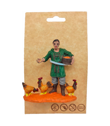 Tradineur - Figura de granjero con gallinas para belén navideño 8,5 x 8 cm, durexina, figura decorativa nacimiento, pesebre, navidad, decoración tradicional