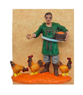 Tradineur - Figura de granjero con gallinas para belén navideño 8,5 x 8 cm, durexina, figura decorativa nacimiento, pesebre, navidad, decoración tradicional