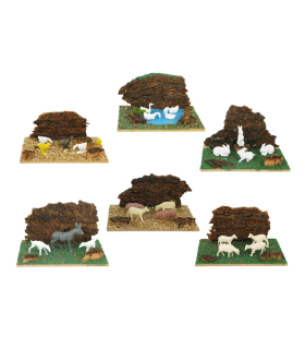 Tradineur - Corral para belén navideño 10,5 x 7,5 x 5,5 cm, resina, animales de granja para nacimiento, figuras decorativas pesebre, navidad, decoración tradicional, modelo aleatorio