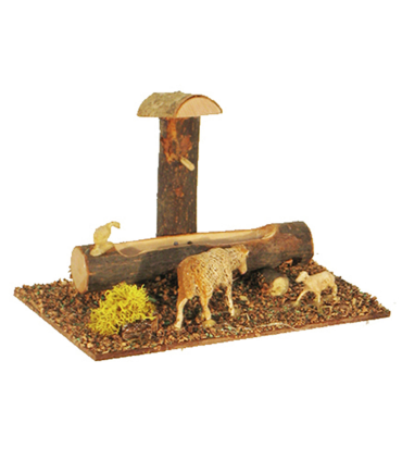 Tradineur - Abrevadero con animales para portal de belén 11 x 15,5 x 9 cm, corcho y resina, bebedero ovejas, patos, gallinas, asnos, pesebre, navidad, decoración tradicional, modelo aleatorio