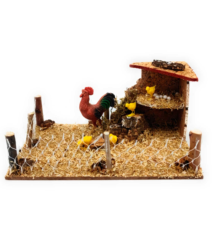 Tradineur - Gallinero para portal de belén, corcho y resina, corral, gallo y pollitos, nacimiento, pesebre, decoración navidad, 7 x 15,5 x 9 cm