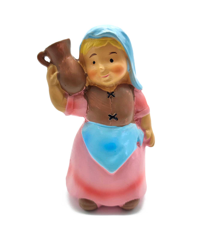 Tradineur - Figura de pastora de color rosa con saco para belén - Fabricado en marmolina - figura decorativa divertida para nacimiento, navidad, decoración tradicional - 10 x 6,5 x 4,5 cm