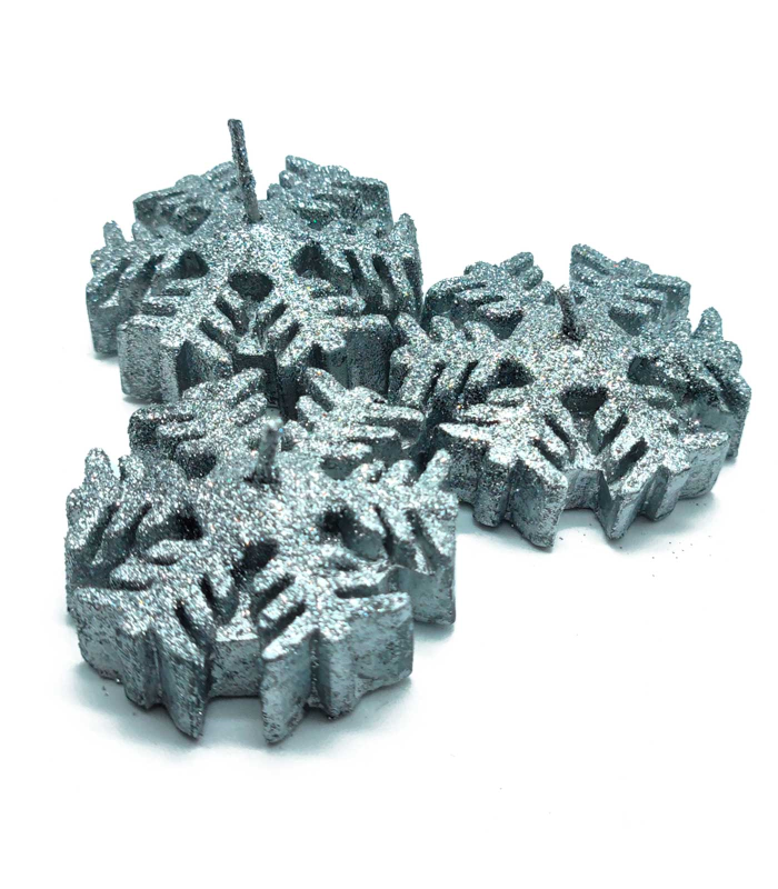 Tradineur - Pack de 3 velas con diseño de copo de nieve - Incluye purpurina - Figura decorativa divertida para nacimiento, navidad - Color Gris Plata