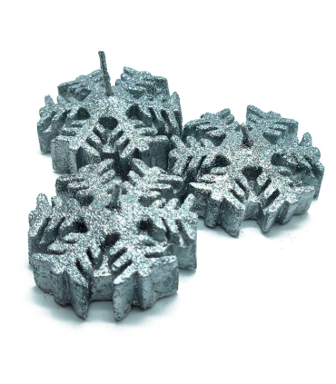 Tradineur - Pack de 3 velas con diseño de copo de nieve - Incluye purpurina - Figura decorativa divertida para nacimiento, navidad - Color Gris Plata