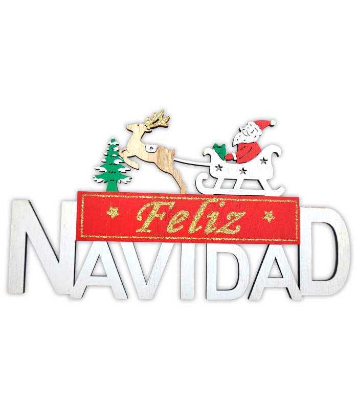 Tradineur - Cartel de Feliz navidad con Santa Claus en reno - Fabricación en madera - Decoración navideña - 13 x 22,5 x 0,5 cm