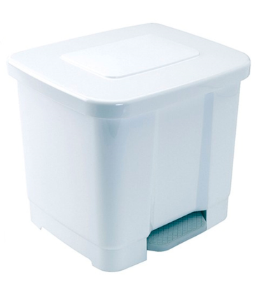 Tradineur - Cubo de basura con pedal, plástico, contenedor de residuos, papelera con separador para colocar dos bolsas, cocina (Blanco, 35 litros, 38 x 43 x 38 cm)