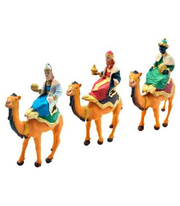 Tradineur - Set de 3 figuras de los reyes a camello ideal para belén - Fabricado en durexina - Figura decorativa para nacimiento, navidad, decoración tradicional - 14 x 4 x 11 cm