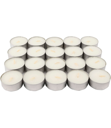 Tradineur - Pack de 20 velas dobles sin perfume, tealights, tiempo de combustión: 7 horas, decoración del hogar (Blanco, 3,7 x 2,1 cm)