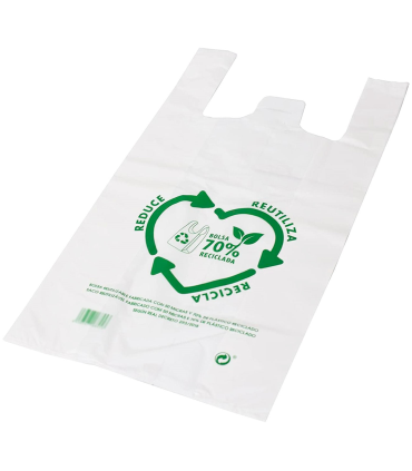 Tradineur - Pack de 50 bolsas de plástico reutilizables tipo camiseta, gran resistencia, cumplen normativa, aptas para uso alimentario (80 x 85 cm)