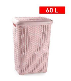 Tradineur - Cesto para ropa sucia con tapa y asas, pongotodo rattan de plástico, cubo para colada, imitación mimbre, hogar (Rosa palo, 60 litros, 61,5 x 42,5 x 34 cm)