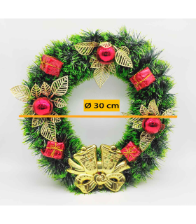 Tradineur - Corona de navidad decorada con campanas, espumillón, guirnalda decorativa artificial, adorno colgante para puerta, pared, mesa, Ø 30 cm