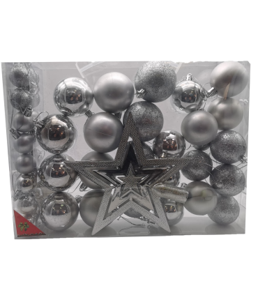 Tradineur - Set de 42 bolas de navidad de color plata con tamaños y diseños surtidos y 1 estrella en plata, ideal para completar el arbol navideño. Set para decoracion navideña.