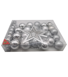 Tradineur - Set de 42 bolas de navidad de color plata con tamaños y diseños surtidos y 1 estrella en plata, ideal para completar el arbol navideño. Set para decoracion navideña.