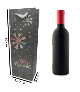 Tradineur - Bolsa para botella de vino de cartón con diseños navideños, bolsa de regalo con asas para envolver champán, 36 x 12,7 x 8,2 cm, gris oscuro, diseño aleatorio