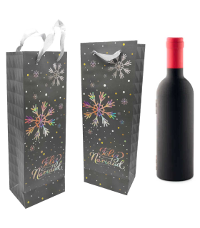 Tradineur - Bolsa para botella de vino de cartón con diseños navideños, bolsa de regalo con asas para envolver champán, 36 x 12,7 x 8,2 cm, gris oscuro, diseño aleatorio