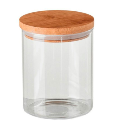 Tradineur - Tarro de vidrio borosilicato con tapa de madera de bambú, bote, frasco, recipiente para café, pasta, galletas, legumbres, 11 x 12 cm