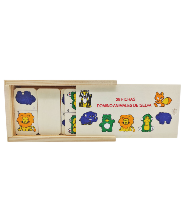 Tradineur - Dominó infantil "Animales de Selva" en caja de madera, 28 fichas, juego de mesa tradicional para niños, diversión, 17 x 9,5 x 4 cm