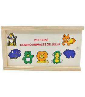 Tradineur - Dominó infantil "Animales de Selva" en caja de madera, 28 fichas, juego de mesa tradicional para niños, diversión, 17 x 9,5 x 4 cm