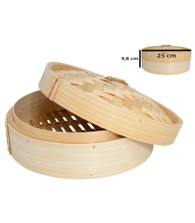 Tradineur - Vaporera de bambú con tapa, cesta de vapor para dim sum, arroz, verduras, carne, recipiente tradicional para cocción al vapor (Ø 25 cm)