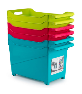 Tradineur - Carrito de plástico multiusos con ruedas y asa Nº2, cesta organizadora para productos de limpieza, baño, cocina, 28 x 23,7 x 45 cm, color aleatorio