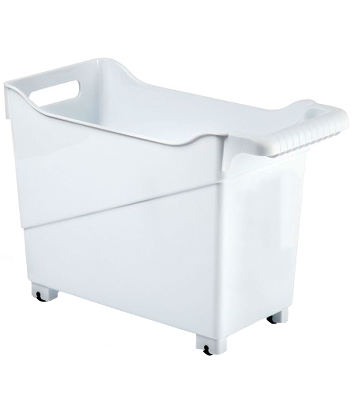 Tradineur - Carrito multiusos Nº3 de plástico con ruedas y asa, cesta organizadora para productos de limpieza, baño, cocina (Blanco, 36 x 18 x 26 cm)