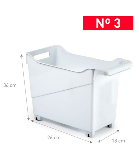 Tradineur - Carrito multiusos Nº3 de plástico con ruedas y asa, cesta organizadora para productos de limpieza, baño, cocina (Blanco, 36 x 18 x 26 cm)