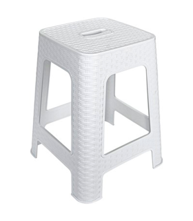 Tradineur - Taburete de plástico Rattan con asa, asiento de 28 x 28 cm, imitación de mimbre, banqueta multiusos, cocina, salón (Blanco - 45,5 x 36,7 x 36,7 cm)